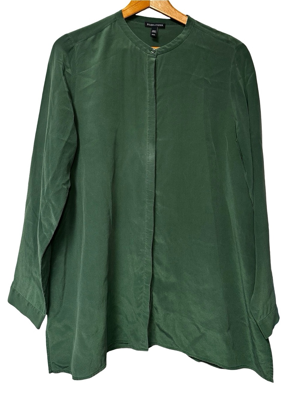 Eileen Fisher Green Silk Button Down Long Sleeve Blouse Top Size Medium Preppy